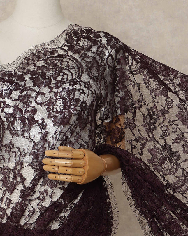 Deep Plum Premium French 2 Tone Chantilly Saree Lace 5.5 Mtrs Length 110 Cms Width Designer Net Fabric Made In France, Blouse Not Included-D28119