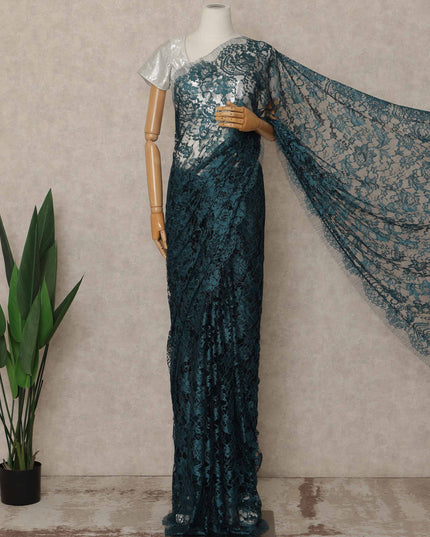 Teal Blue Premium French 2 Tone Chantilly Saree Lace 5.5 Mtrs Length 110 Cms Width Designer Net Fabric Made In France, Blouse Not Included-D28112 Regal Fabrics