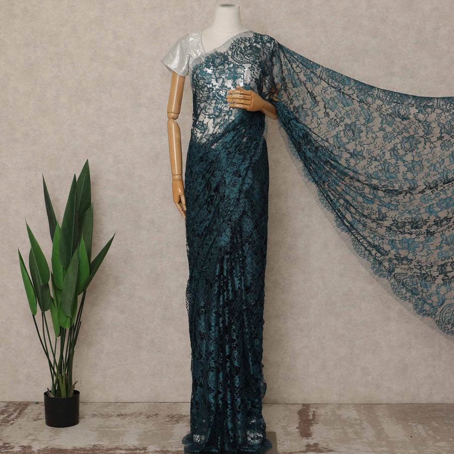 Teal Blue Premium French 2 Tone Chantilly Saree Lace 5.5 Mtrs Length 110 Cms Width Designer Net Fabric Made In France, Blouse Not Included-D28112 Regal Fabrics