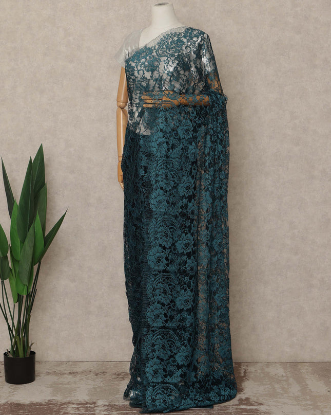 Teal Blue Premium French 2 Tone Chantilly Saree Lace 5.5 Mtrs Length 110 Cms Width Designer Net Fabric Made In France, Blouse Not Included-D28112