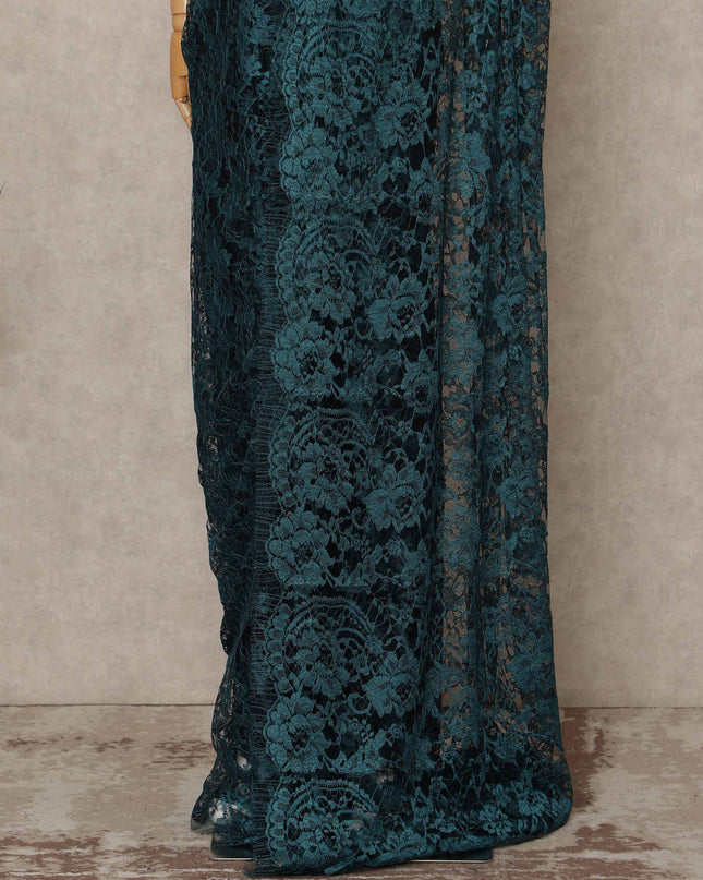 Teal Blue Premium French 2 Tone Chantilly Saree Lace 5.5 Mtrs Length 110 Cms Width Designer Net Fabric Made In France, Blouse Not Included-D28112