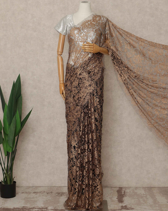 Copper Brown Premium French 2 Tone Chantilly Saree Lace 5.5 Mtrs Length 110 Cms Width Designer Net Fabric Made In France, Blouse Not Included-D28117