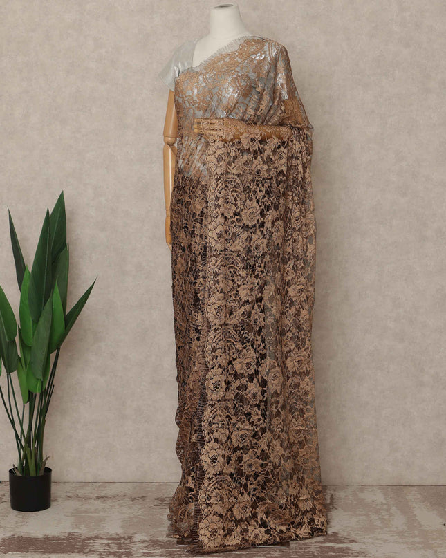 Copper Brown Premium French 2 Tone Chantilly Saree Lace 5.5 Mtrs Length 110 Cms Width Designer Net Fabric Made In France, Blouse Not Included-D28117