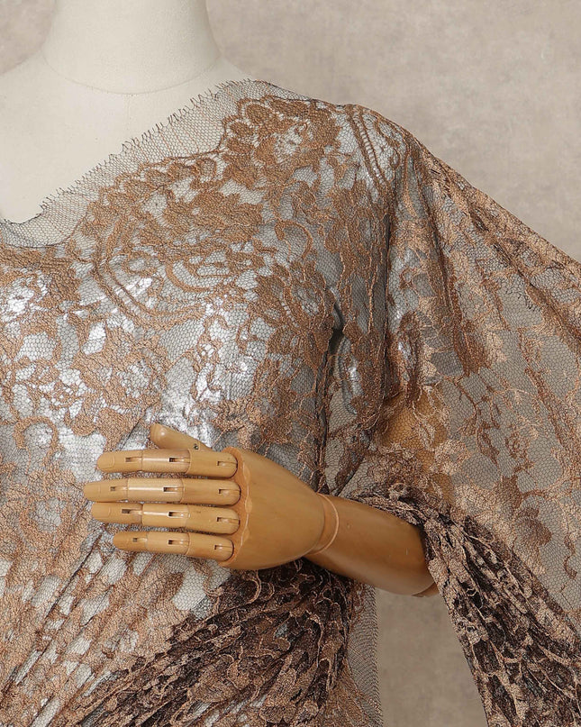 Copper Brown Premium French 2 Tone Chantilly Saree Lace 5.5 Mtrs Length 110 Cms Width Designer Net Fabric Made In France, Blouse Not Included-D28117