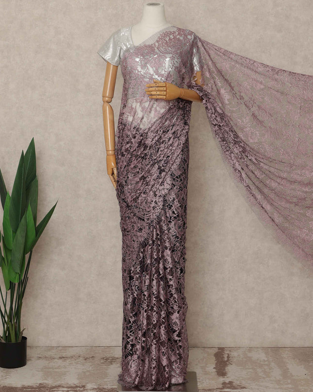 Dusty Mauve Premium French 2 Tone Chantilly Saree Lace 5.5 Mtrs Length 110 Cms Width Designer Net Fabric Made In France, Blouse Not Included-D28116