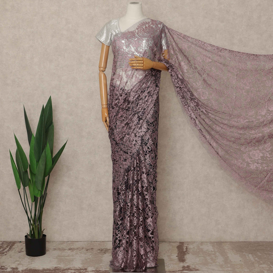 Dusty Mauve Premium French 2 Tone Chantilly Saree Lace 5.5 Mtrs Length 110 Cms Width Designer Net Fabric Made In France, Blouse Not Included-D28116