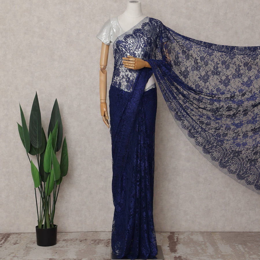 Navy Blue Chantilly Lace Saree - D31666