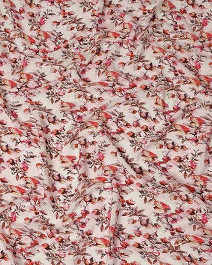 Light Pink Floral Leaf Printed Premium Pure Silk Crepe Fabric Red Blossom Vine Design Soft Lightweight Dress Material 110 Cms Width India-D28002