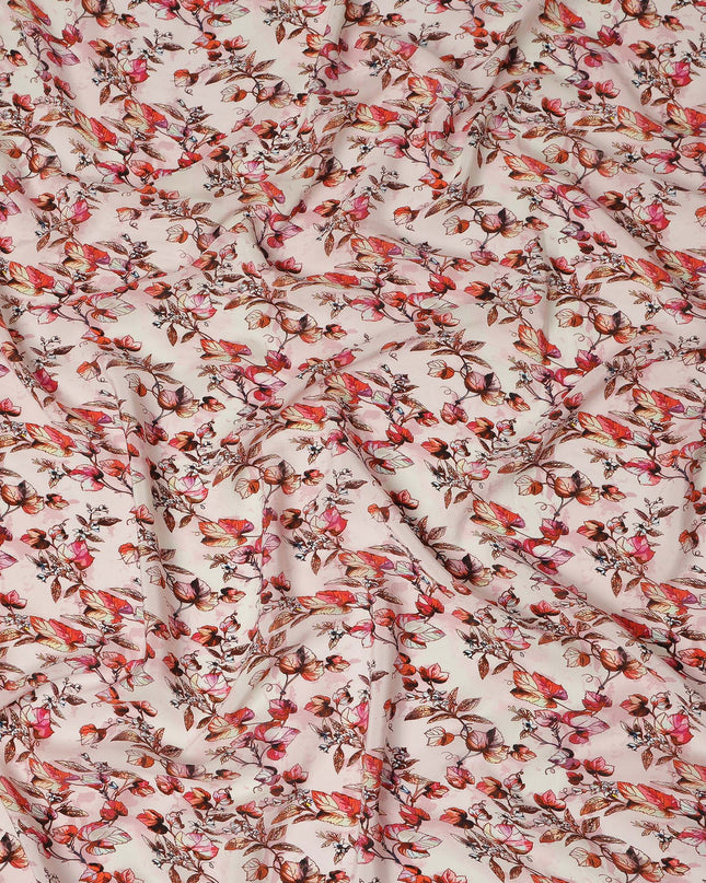 Light Pink Floral Leaf Printed Premium Pure Silk Crepe Fabric Red Blossom Vine Design Soft Lightweight Dress Material 110 Cms Width India-D28002