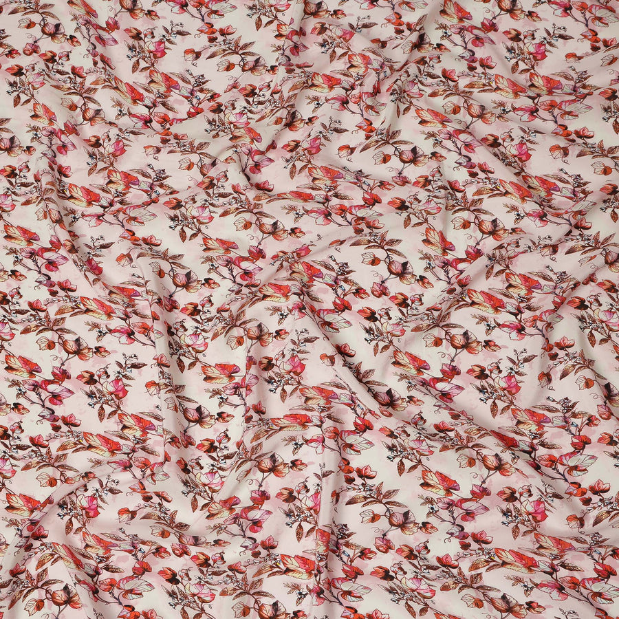 Light Pink Floral Leaf Printed Premium Pure Silk Crepe Fabric Red Blossom Vine Design Soft Lightweight Dress Material 110 Cms Width India-D28002