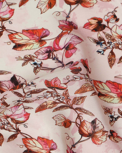 Light Pink Floral Leaf Printed Premium Pure Silk Crepe Fabric Red Blossom Vine Design Soft Lightweight Dress Material 110 Cms Width India-D28002