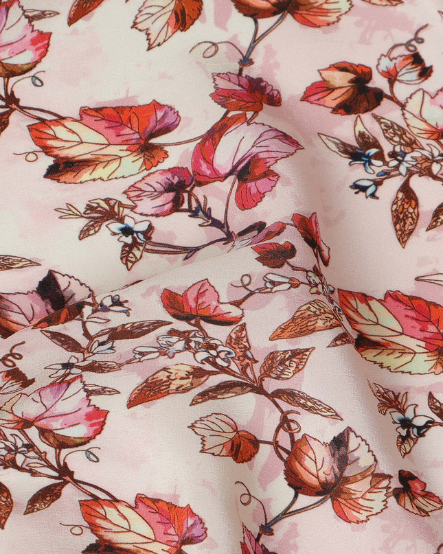 Light Pink Floral Leaf Printed Premium Pure Silk Crepe Fabric Red Blossom Vine Design Soft Lightweight Dress Material 110 Cms Width India-D28002