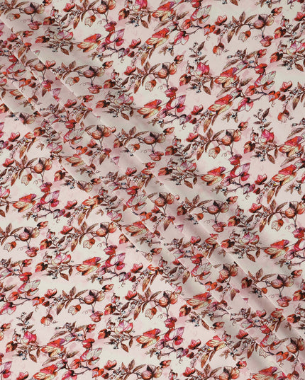Light Pink Floral Leaf Printed Premium Pure Silk Crepe Fabric Red Blossom Vine Design Soft Lightweight Dress Material 110 Cms Width India-D28002
