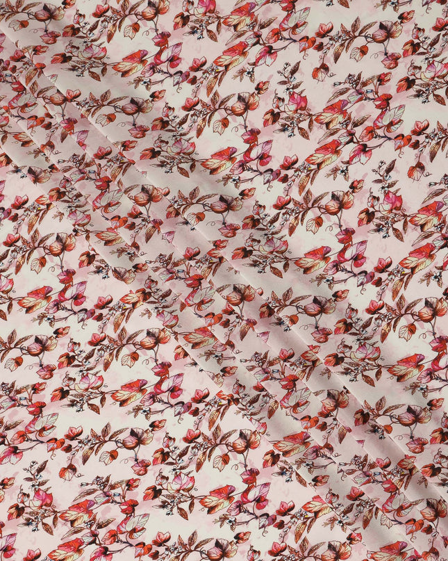Light Pink Floral Leaf Printed Premium Pure Silk Crepe Fabric Red Blossom Vine Design Soft Lightweight Dress Material 110 Cms Width India-D28002