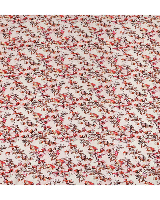 Light Pink Floral Leaf Printed Premium Pure Silk Crepe Fabric Red Blossom Vine Design Soft Lightweight Dress Material 110 Cms Width India-D28002
