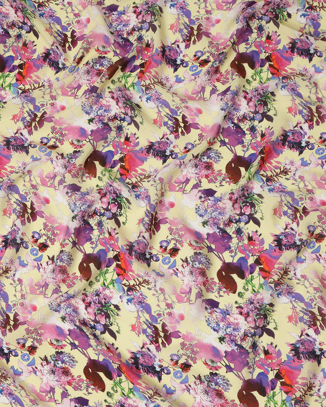 Cream Floral Printed Premium Pure Silk Crepe Fabric Multicolor Botanical Garden Design Soft Lightweight Dress Material 110 Cms Width India-D27986