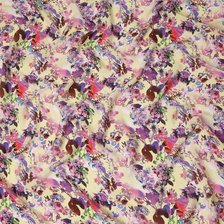 Cream Floral Printed Premium Pure Silk Crepe Fabric Multicolor Botanical Garden Design Soft Lightweight Dress Material 110 Cms Width India-D27986