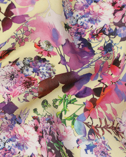 Cream Floral Printed Premium Pure Silk Crepe Fabric Multicolor Botanical Garden Design Soft Lightweight Dress Material 110 Cms Width India-D27986