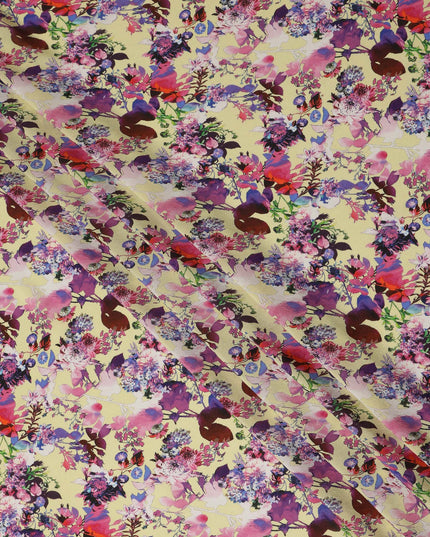 Cream Floral Printed Premium Pure Silk Crepe Fabric Multicolor Botanical Garden Design Soft Lightweight Dress Material 110 Cms Width India-D27986