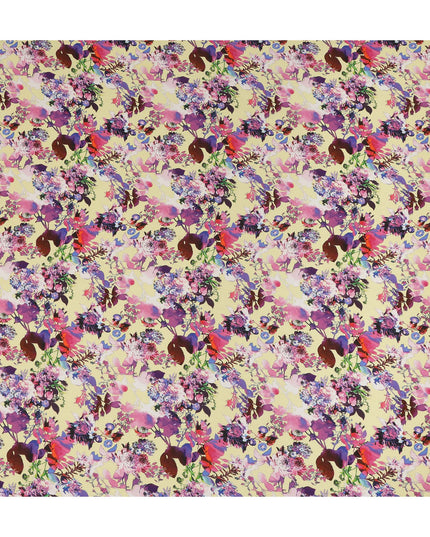 Cream Floral Printed Premium Pure Silk Crepe Fabric Multicolor Botanical Garden Design Soft Lightweight Dress Material 110 Cms Width India-D27986