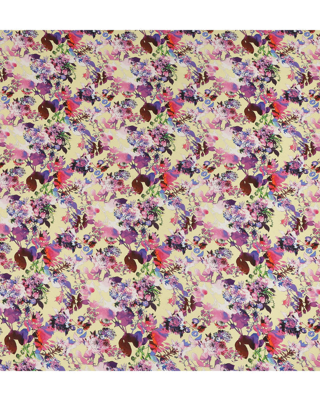 Cream Floral Printed Premium Pure Silk Crepe Fabric Multicolor Botanical Garden Design Soft Lightweight Dress Material 110 Cms Width India-D27986