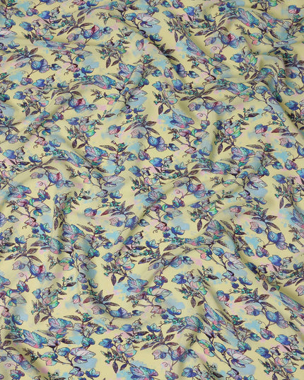 Yellow Floral Leaf Printed Premium Pure Silk Crepe Fabric Blue Botanical Vine Design Soft Lightweight Dress Material 110 Cms Width India-D28000