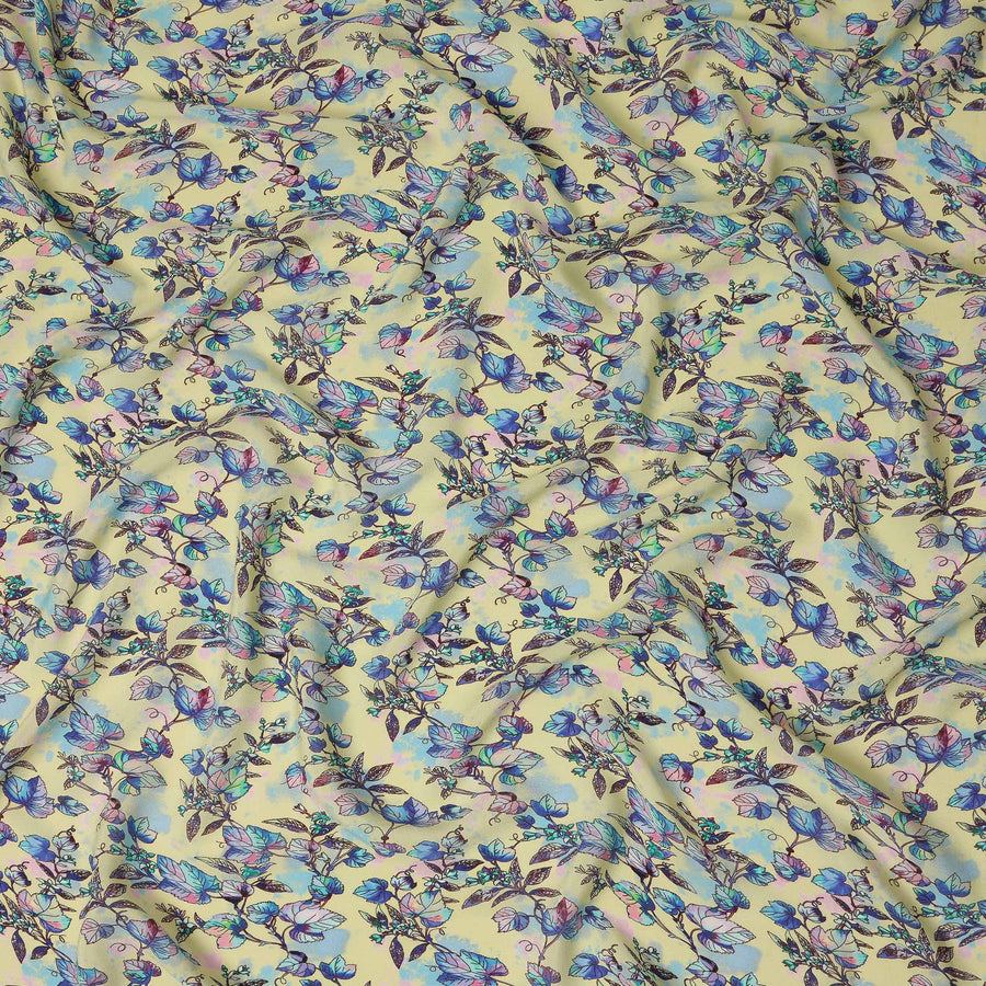 Yellow Floral Leaf Printed Premium Pure Silk Crepe Fabric Blue Botanical Vine Design Soft Lightweight Dress Material 110 Cms Width India-D28000