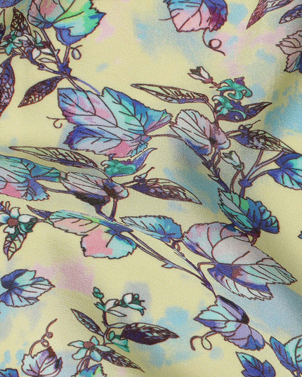 Yellow Floral Leaf Printed Premium Pure Silk Crepe Fabric Blue Botanical Vine Design Soft Lightweight Dress Material 110 Cms Width India-D28000