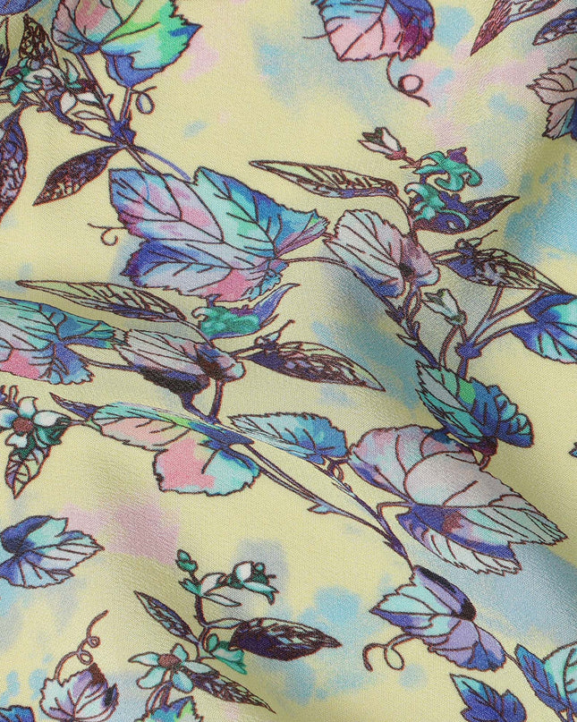 Yellow Floral Leaf Printed Premium Pure Silk Crepe Fabric Blue Botanical Vine Design Soft Lightweight Dress Material 110 Cms Width India-D28000