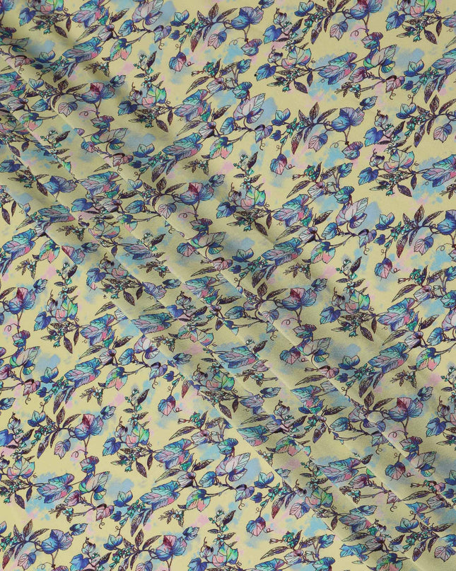 Yellow Floral Leaf Printed Premium Pure Silk Crepe Fabric Blue Botanical Vine Design Soft Lightweight Dress Material 110 Cms Width India-D28000