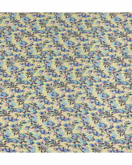 Yellow Floral Leaf Printed Premium Pure Silk Crepe Fabric Blue Botanical Vine Design Soft Lightweight Dress Material 110 Cms Width India-D28000