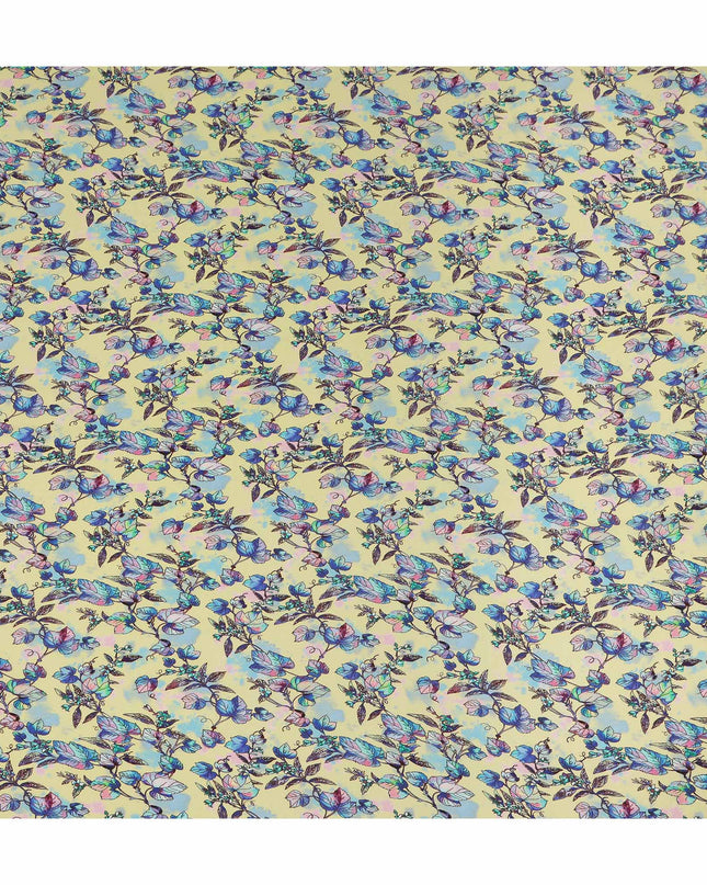 Yellow Floral Leaf Printed Premium Pure Silk Crepe Fabric Blue Botanical Vine Design Soft Lightweight Dress Material 110 Cms Width India-D28000