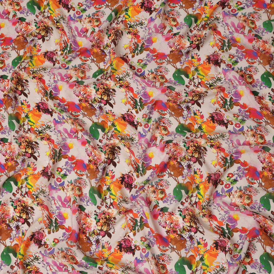 Beige Floral Printed Premium Pure Silk Crepe Fabric Multicolor Botanical Garden Design Soft Lightweight Dress Material 110 Cms Width India-D27987