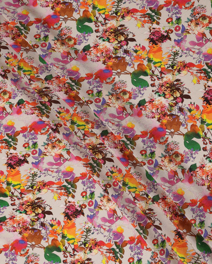Beige Floral Printed Premium Pure Silk Crepe Fabric Multicolor Botanical Garden Design Soft Lightweight Dress Material 110 Cms Width India-D27987