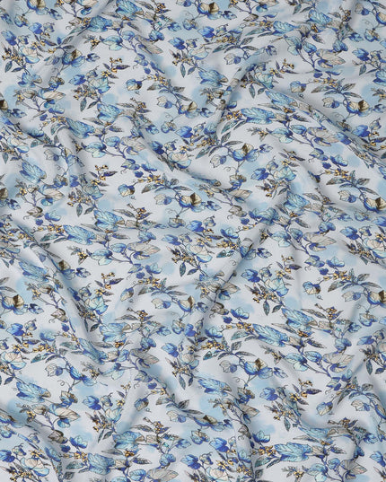 Light Blue Floral Leaf Printed Premium Pure Silk Crepe Fabric Botanical Vine Design Soft Lightweight Dress Material 110 Cms Width India-D28001