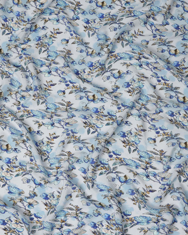 Light Blue Floral Leaf Printed Premium Pure Silk Crepe Fabric Botanical Vine Design Soft Lightweight Dress Material 110 Cms Width India-D28001
