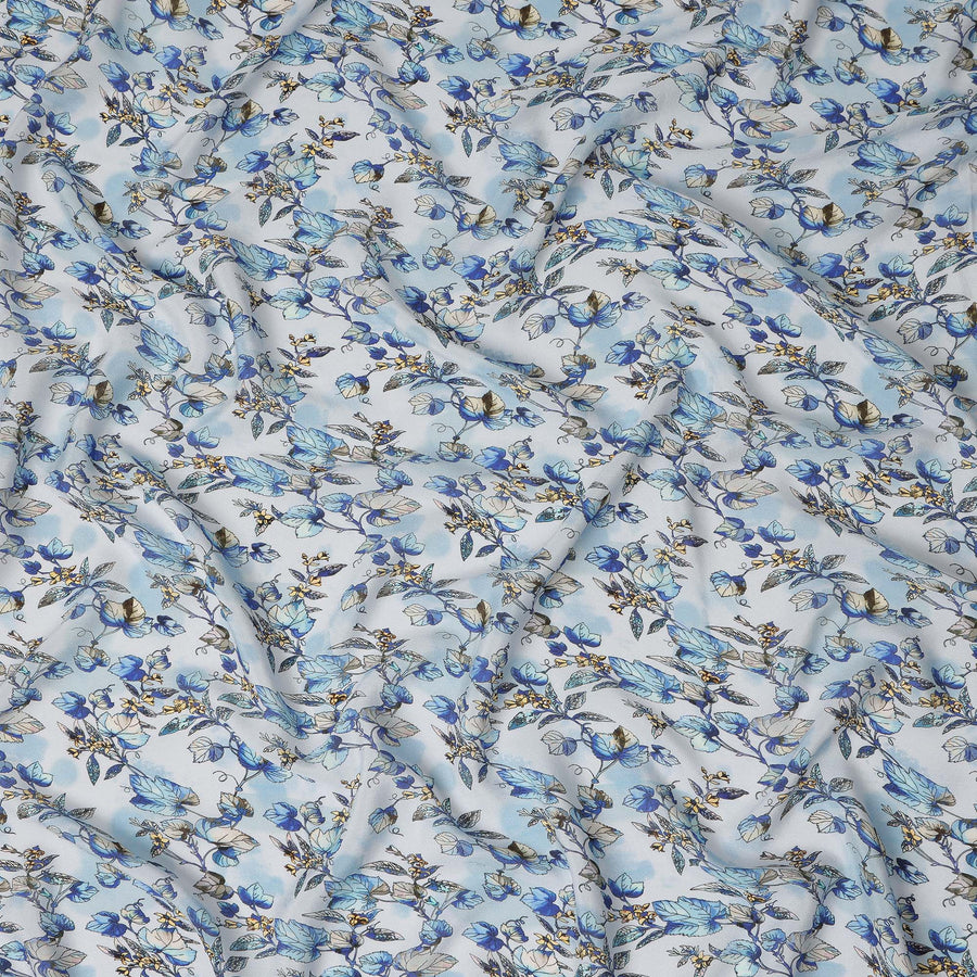 Light Blue Floral Leaf Printed Premium Pure Silk Crepe Fabric Botanical Vine Design Soft Lightweight Dress Material 110 Cms Width India-D28001