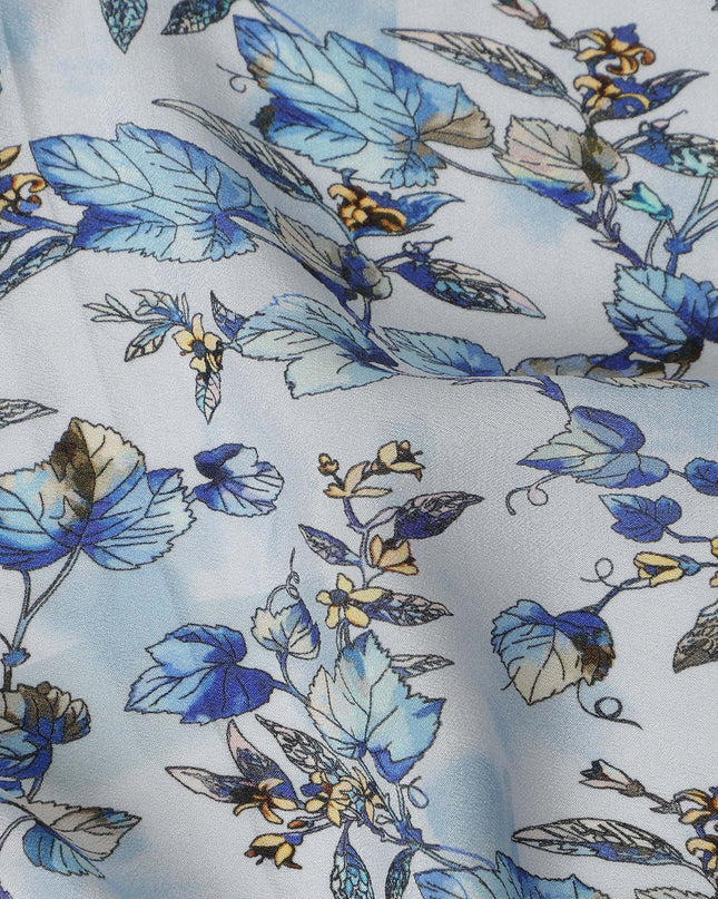 Light Blue Floral Leaf Printed Premium Pure Silk Crepe Fabric Botanical Vine Design Soft Lightweight Dress Material 110 Cms Width India-D28001