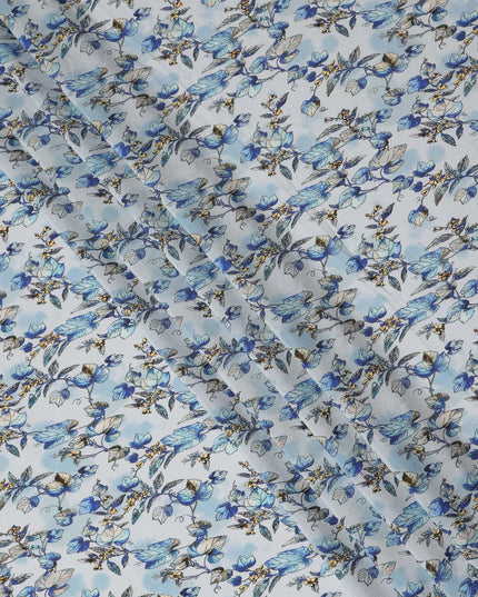 Light Blue Floral Leaf Printed Premium Pure Silk Crepe Fabric Botanical Vine Design Soft Lightweight Dress Material 110 Cms Width India-D28001