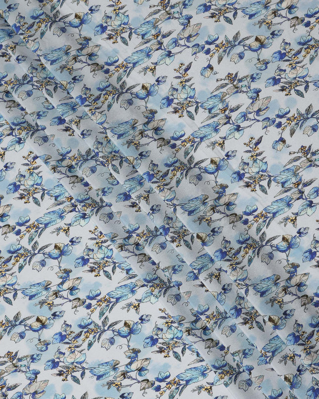 Light Blue Floral Leaf Printed Premium Pure Silk Crepe Fabric Botanical Vine Design Soft Lightweight Dress Material 110 Cms Width India-D28001