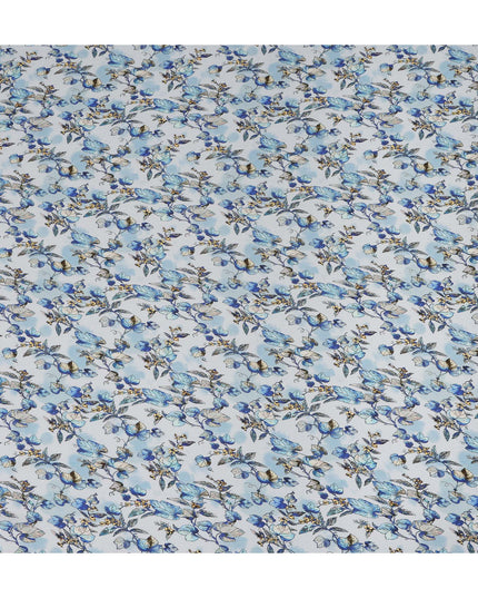 Light Blue Floral Leaf Printed Premium Pure Silk Crepe Fabric Botanical Vine Design Soft Lightweight Dress Material 110 Cms Width India-D28001