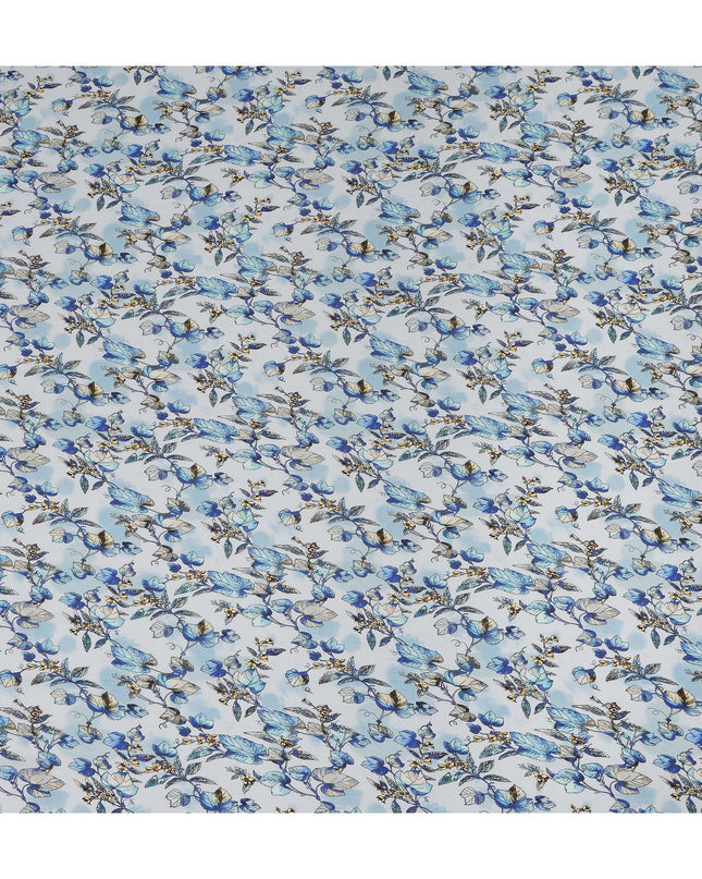 Light Blue Floral Leaf Printed Premium Pure Silk Crepe Fabric Botanical Vine Design Soft Lightweight Dress Material 110 Cms Width India-D28001
