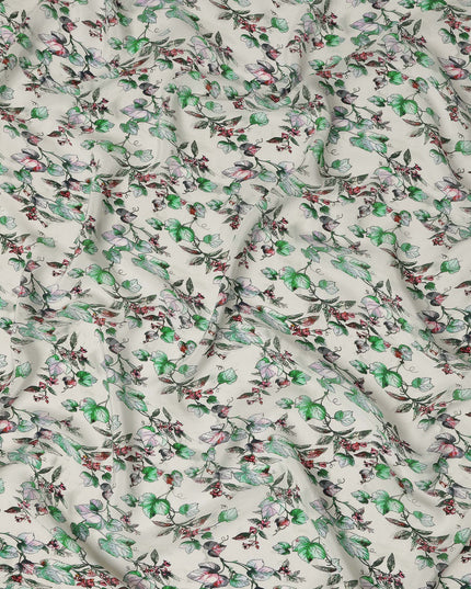 Cream Floral Leaf Printed Premium Pure Silk Crepe Fabric Botanical Vine Design Soft Lightweight Dress Material 110 Cms Width India-D27999