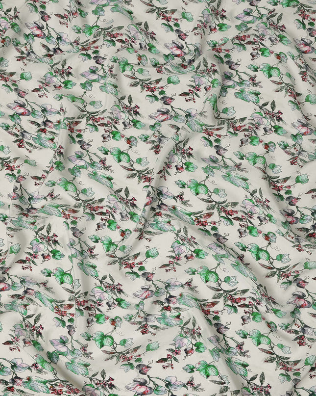 Cream Floral Leaf Printed Premium Pure Silk Crepe Fabric Botanical Vine Design Soft Lightweight Dress Material 110 Cms Width India-D27999