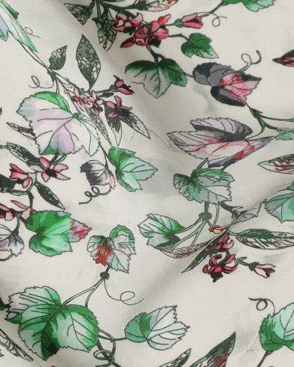 Cream Floral Leaf Printed Premium Pure Silk Crepe Fabric Botanical Vine Design Soft Lightweight Dress Material 110 Cms Width India-D27999