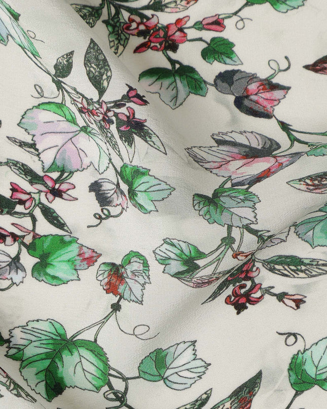 Cream Floral Leaf Printed Premium Pure Silk Crepe Fabric Botanical Vine Design Soft Lightweight Dress Material 110 Cms Width India-D27999