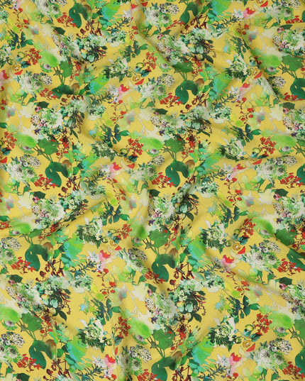 Yellow Floral Printed Premium Pure Silk Crepe Fabric Botanical Garden Design Soft Lightweight Dress Material 110 Cms Width India-D27984