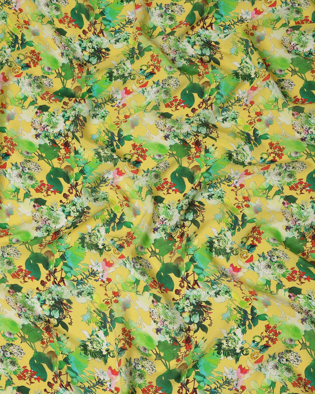 Yellow Floral Printed Premium Pure Silk Crepe Fabric Botanical Garden Design Soft Lightweight Dress Material 110 Cms Width India-D27984