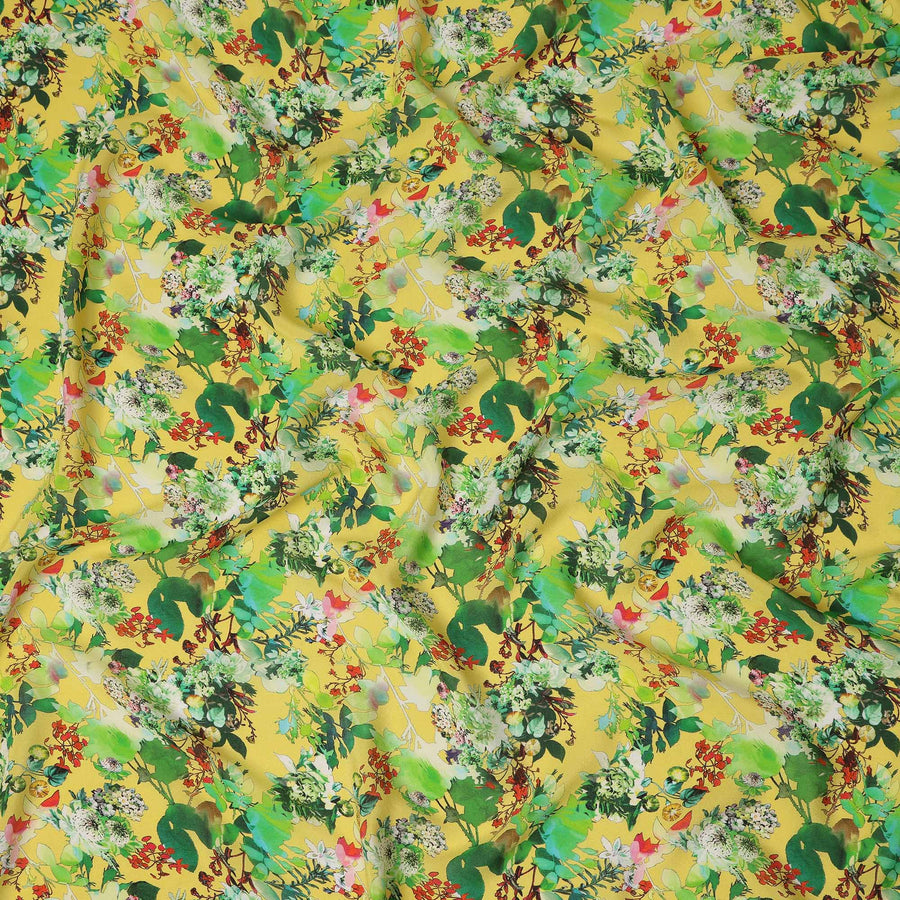Yellow Floral Printed Premium Pure Silk Crepe Fabric Botanical Garden Design Soft Lightweight Dress Material 110 Cms Width India-D27984