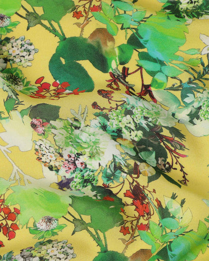 Yellow Floral Printed Premium Pure Silk Crepe Fabric Botanical Garden Design Soft Lightweight Dress Material 110 Cms Width India-D27984